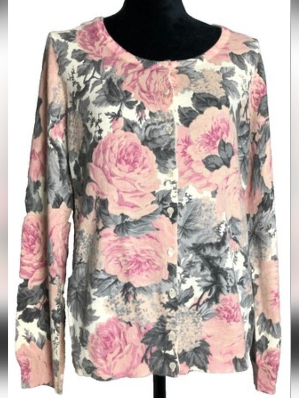 Talbots Sweater, Size Large Petite, Cardigan, Floral Pink & Gray